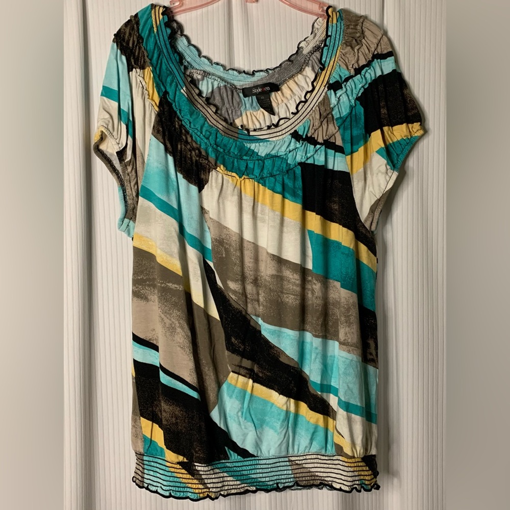 Style & Co Cap Sleeve Top Multicolored Rouged Hemline Size XL